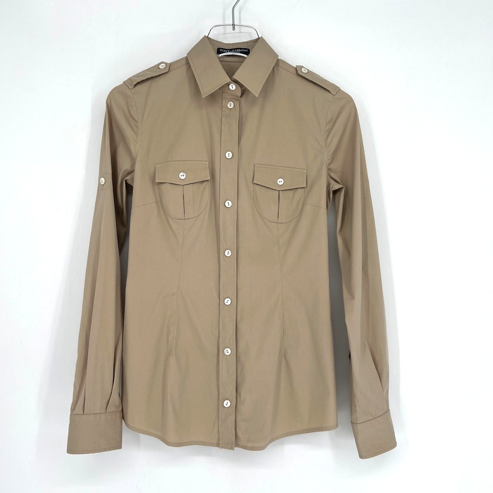 Dolce & Gabbana Top Womens S/M Brown Preppy Utility Basic Simple Roll Tab Sleeve